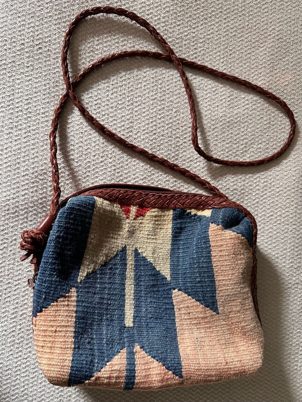 Vintage Carpet Bag Crossbody in Blue, Pink and Cream with Vegan Leather.